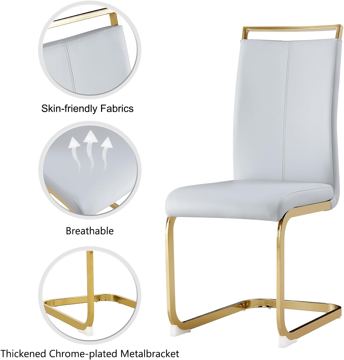 Modern Dining Chairs Set of 6,High Back Light Grey Kitchen Chairs,Faux Leather Side Chair with Gold Plated Metal Legs,Easy to Clean Upholstered Dining Chairs,Ideal for Living Room