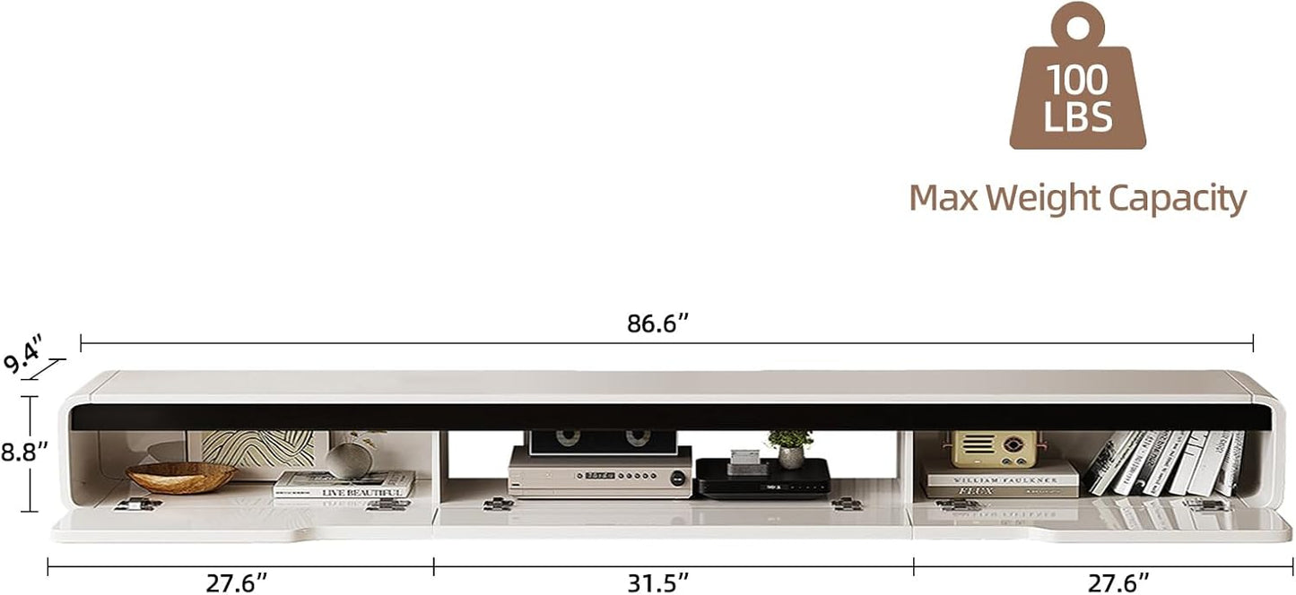 High Gloss Floating TV Stand with 3 Doors,86'' Wall Mounted TV Cabinet,Under TV Console,Floating Media Shelft for Bedroom Living Room(White)