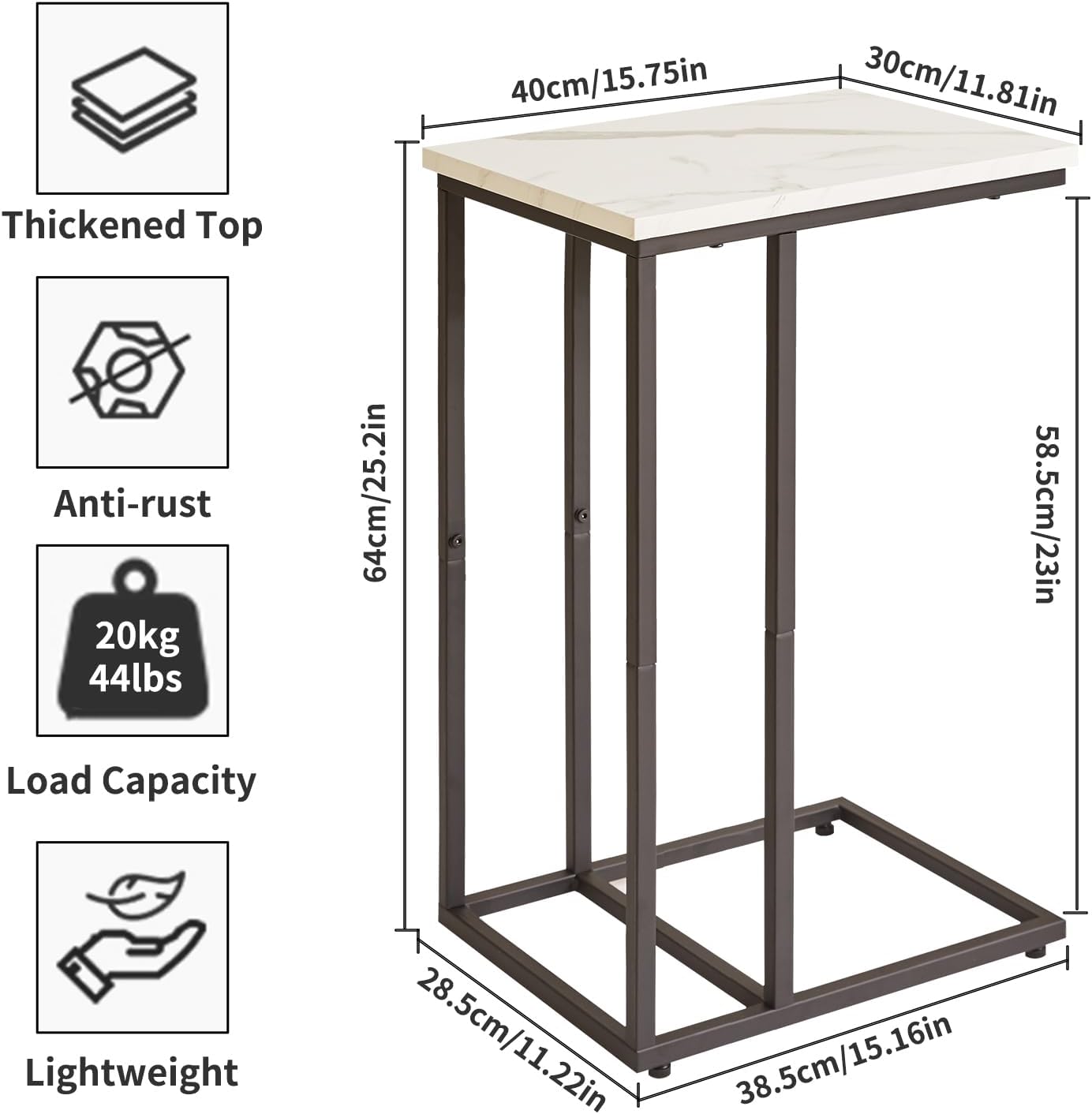 Side Table Small End Table C Shaped, Slide Under Laptop Desk for Couch, Living Room Side Table, TV Trays for Eating on Couch, Faux Marble+Black YD-TM051B