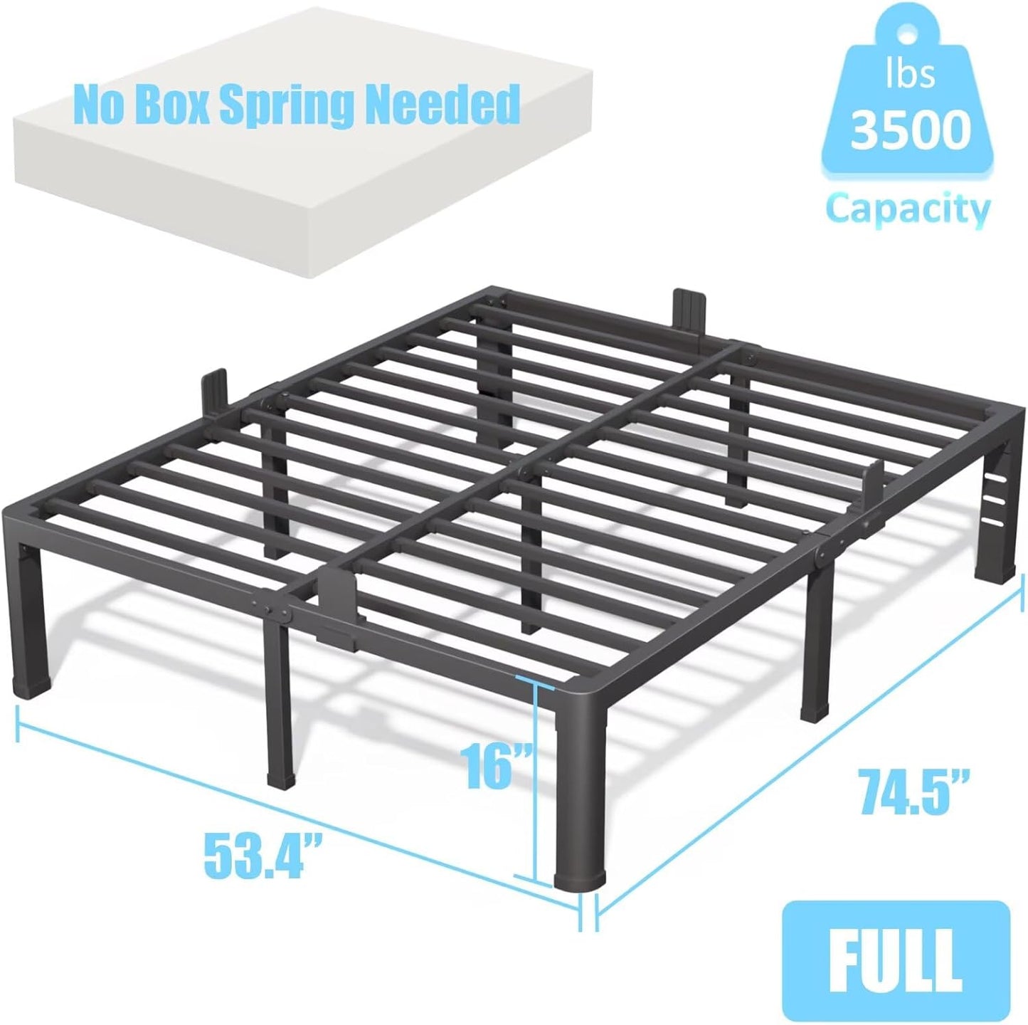 FUIOBYVV 16 Inch Full Bed Frame with Rounded Corner and Headboard Hole Mattress Retainers 3500 LBS Metal Heavy Duty Steel Slats Support No Box Spring Needed Platform Noise Free Easy Assembly