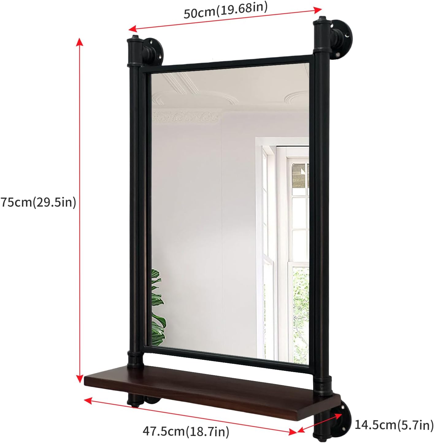 Industrial Pipe Mirror Wood Shelves,Bedroom Mirror with Shelf,Rectangle Iron Wall Mirrors for Living Room Bedroom(29.5x19.68)