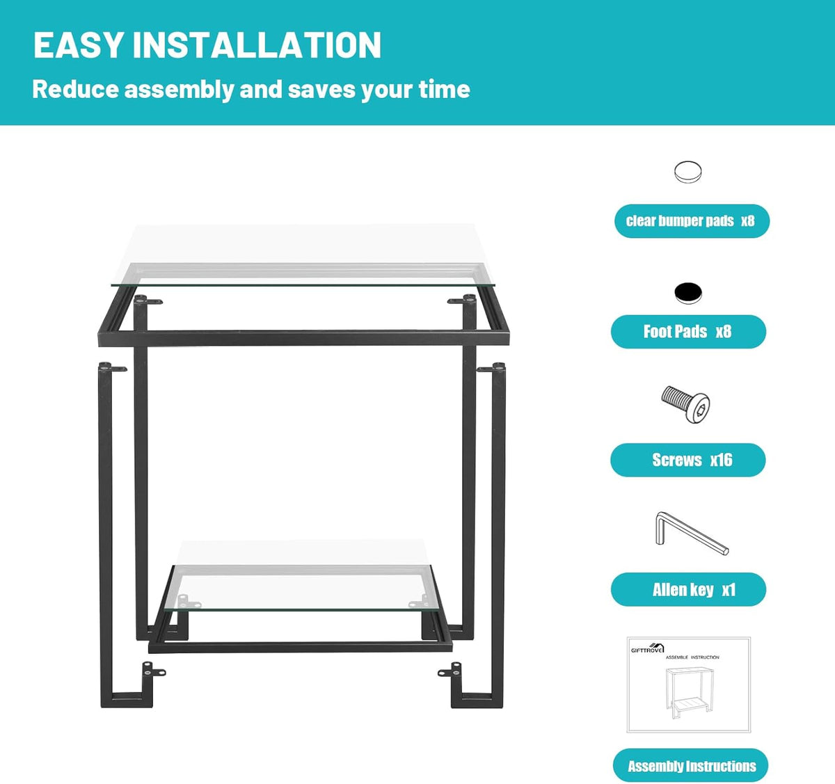 2 Tier Rectangular Side Table, Black End Table with Glass Top, Modern Metal Clear Coffee Tables，Small Accent Tables for Living Room, Bedroom, 22" x 12.4" x 24"