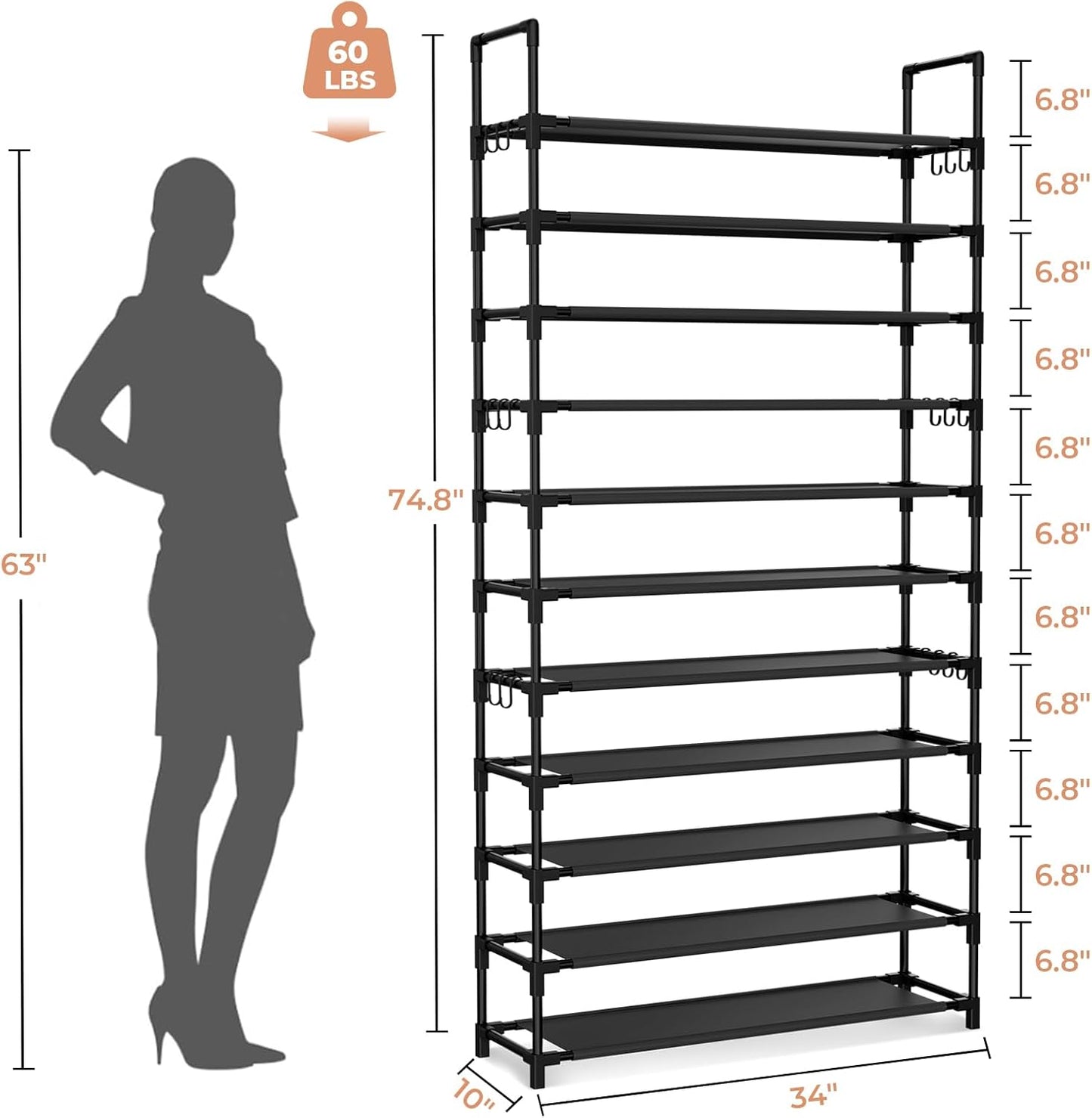 11 Tiers Tall Shoe Rack Holds 55 Pairs of Shoes with 18pcs Hooks Sturdy Wide Shoe Organizer Storage Free Standing Metal Shoe Shelf for Closet, Entryway Black