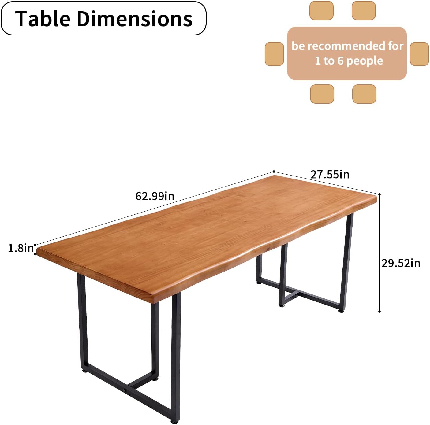 Solid Wood Administrative Desk, Dining Table with Durable Metal Legs, Uniquely Designed Leisure Table, Perfect for Restaurants and Home Offices, (Wood Brown, 62.99in)