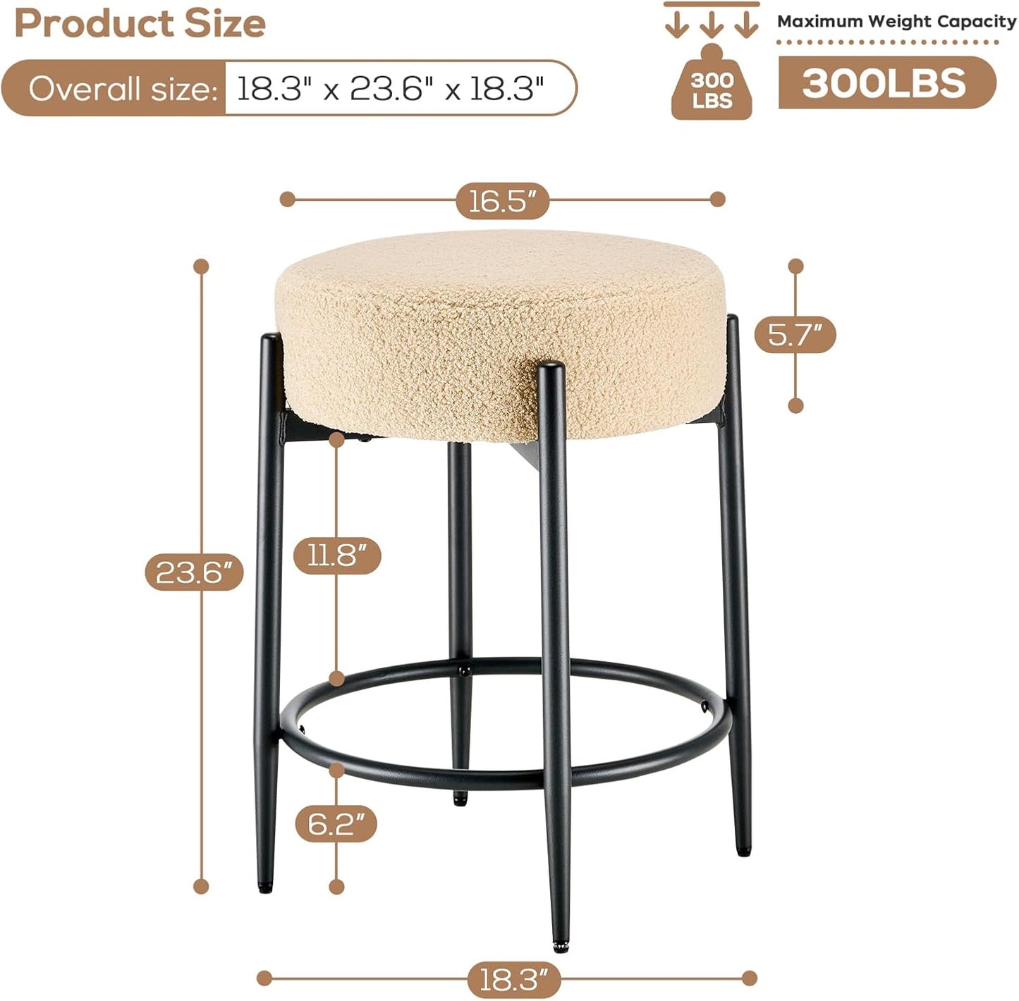 Modern Dining Chairs Set of 4, 23.6" Beige Round Backless Boucle Sherpa Upholstered Dining Chair with Solid Metal Legs for Kitchen, Living Room