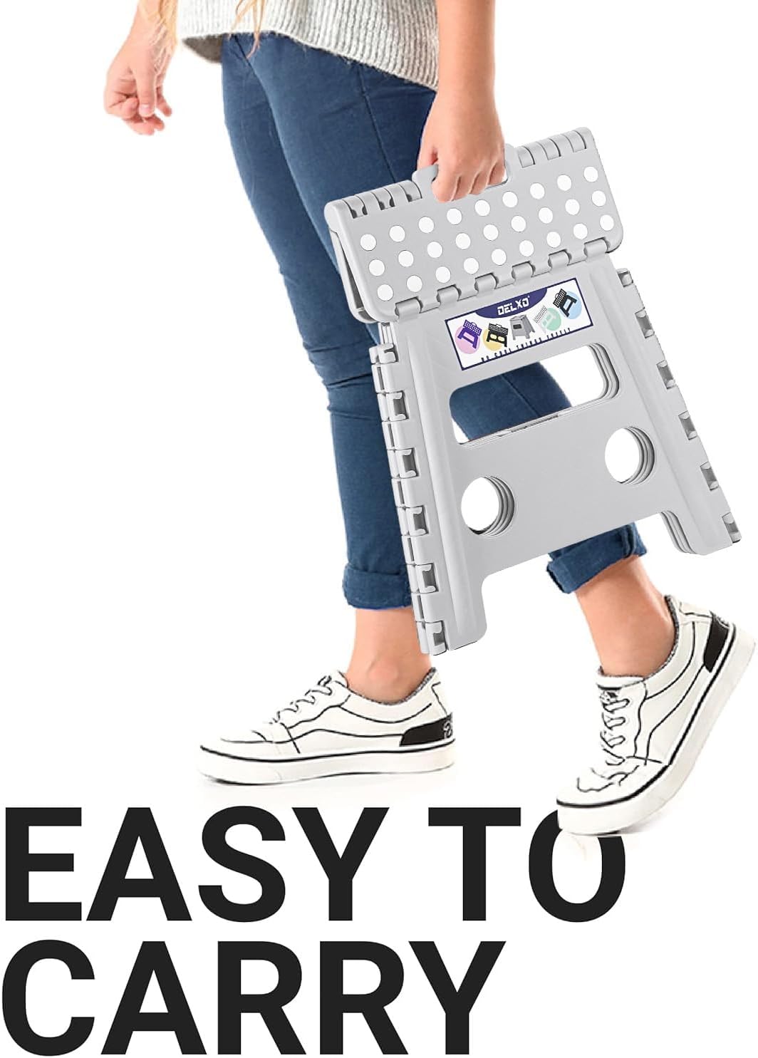 Delxo Folding Step Stool, 13 inch Non-Slip Foldable Stools Up to 300 LBS, Step Stool with Handle, Lightweight for Kitchen, Bathroom, Bedroom, Garden, Grey, 1PC