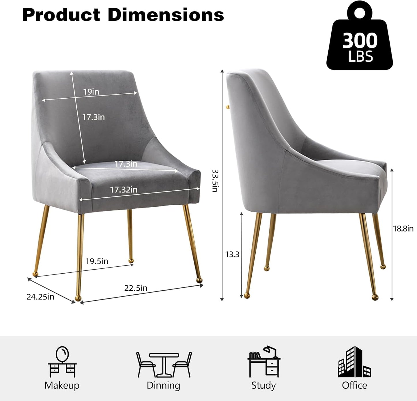 Velvet Dining Chairs Set of 2, Furniture Collection Modern Contemporary Upholstered with Polished Gold Metal Legs(Light Grey)