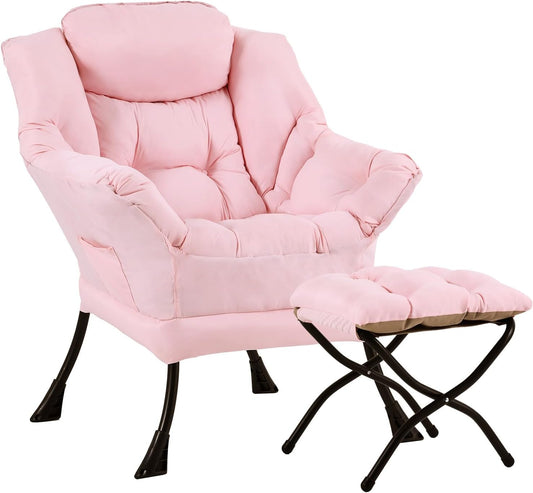 Lazy Chair with Ottoman, Large Modern Lounge Accent Chair with Armrests and Footrest, Reading Armchair with Ottoman, Leisure Sofa Chair for Living Room, Bedroom, Dorm Room, Office (Pink)