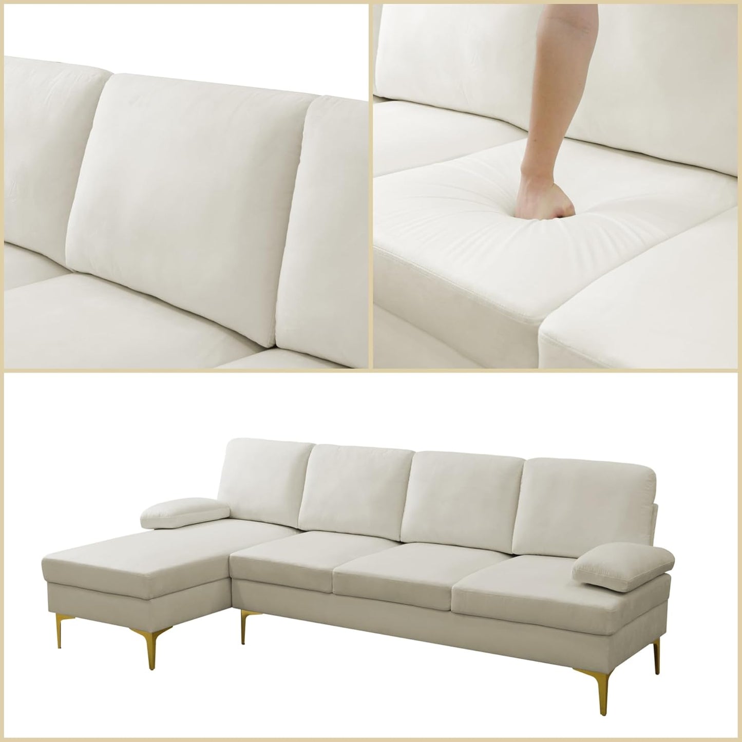 L Shaped Sectional Couch, Modern Modular Sectional Sofa with Chaise, 4 Seat Lounge Comfy L Shaped Couch Set with High Density Memory Foam for Living Room Apartment, White