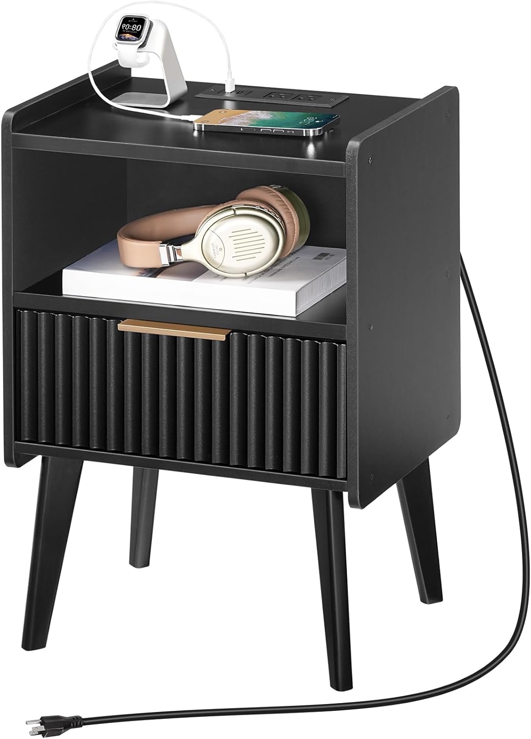 Fluted Nightstand, End Table, Small Modern Bedside Table with Charging Station, Side Table with Drawer, for Small Spaces, Bedroom, Living Room, Black ETBK61E01N1