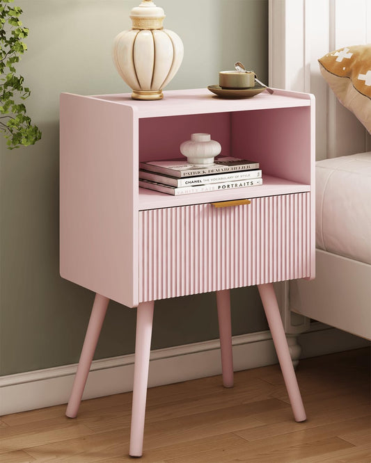 Nightstand,Modern Bedside Table with Storage Drawer and Open Wood Shelf, for Living Room, Bedroom and Small Spaces, Accent Night Stand with Solid Wood Legs, Easy Assembly,Classic Pink