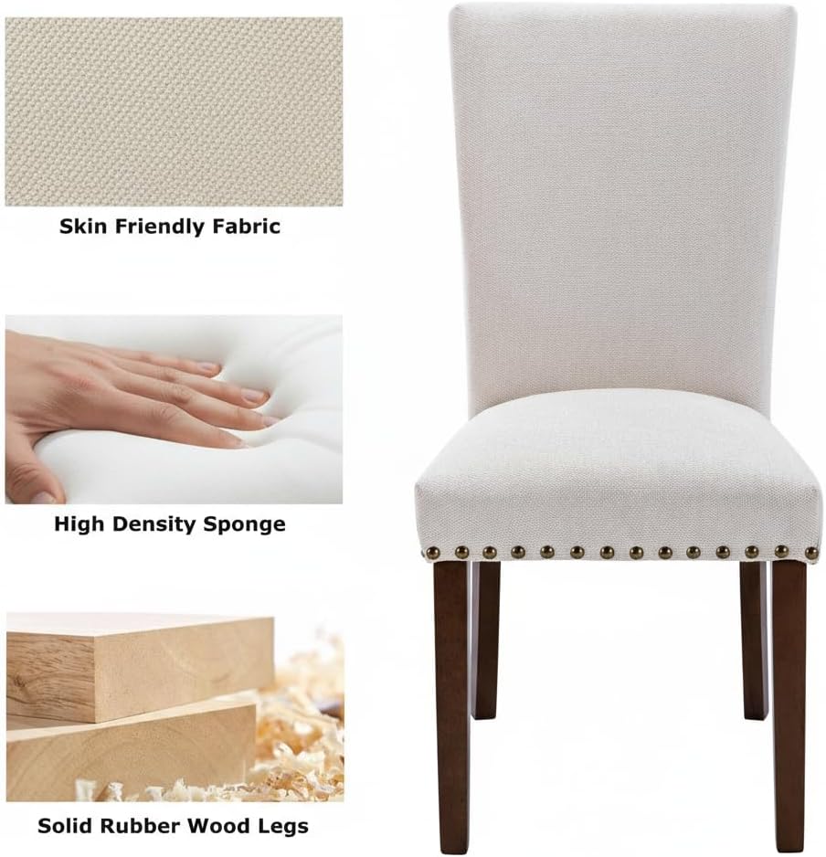 Set of 4 Beige Upholstered Dining Chairs – Farmhouse Kitchen Chairs with High Back, Solid Rubberwood Legs, Padded Foam Seat & Bronze Nailhead Trim, Comfortable Dining Room Chairs for Home, Living Room