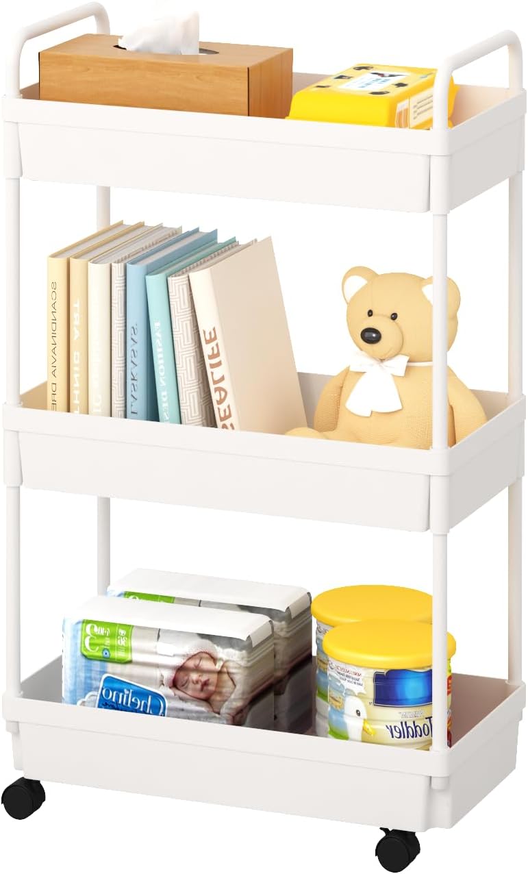 3-Tier Storage Cart，Shelf Organizer Mobile Shelving ，Utility Rolling Cart，Multifunction Movable Storage Organizer with Lockable Wheels,White