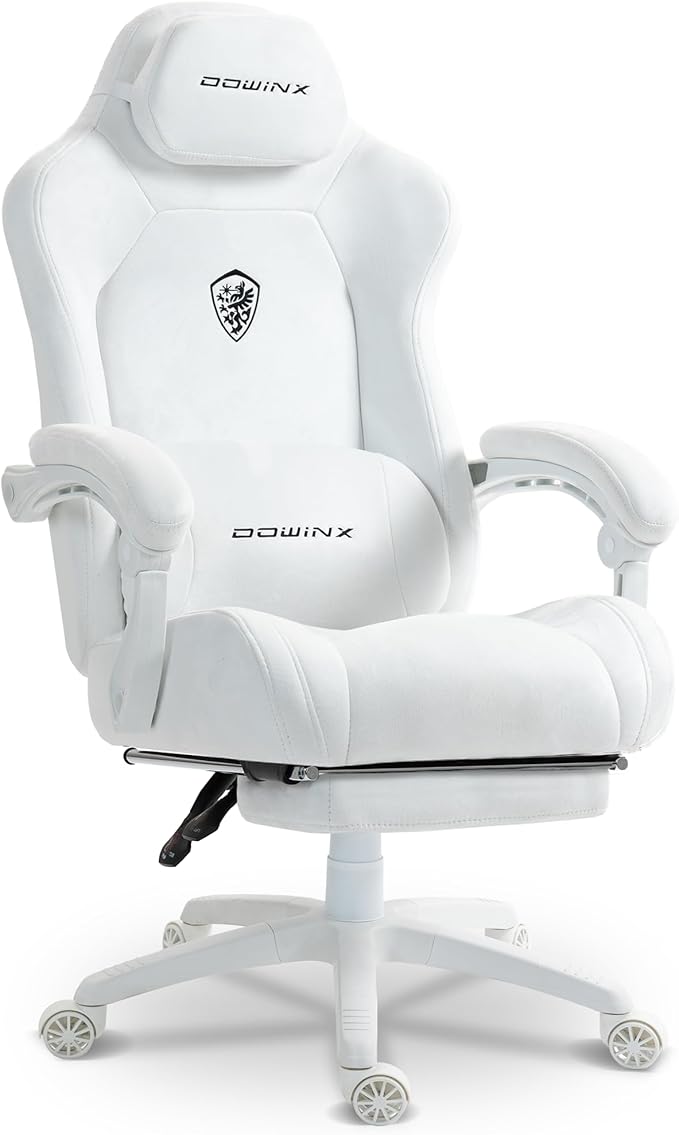 Dowinx Big and Tall Gaming Chair, Suede Fabric Game Chair with Pocket Spring Cushion, High Back Gamer Chair Ergonomic with Footrest for Adults Office, 440LBS, White