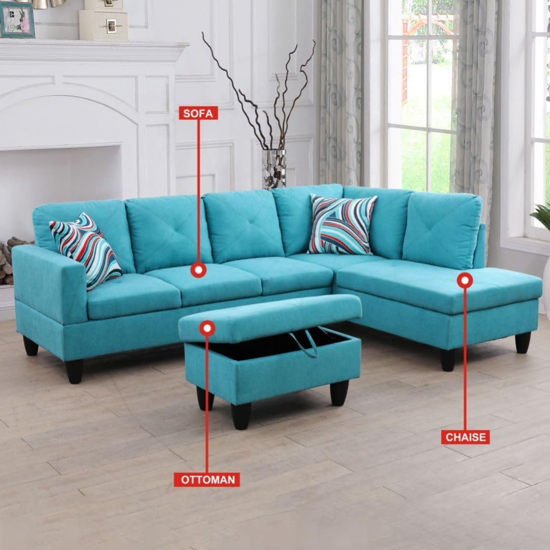 Light Blue L-Shaped 3-Piece Linen Sofa with Storage Ottoman Set, Sectional Couch Sofa Set for Living Room, Office, Small Space