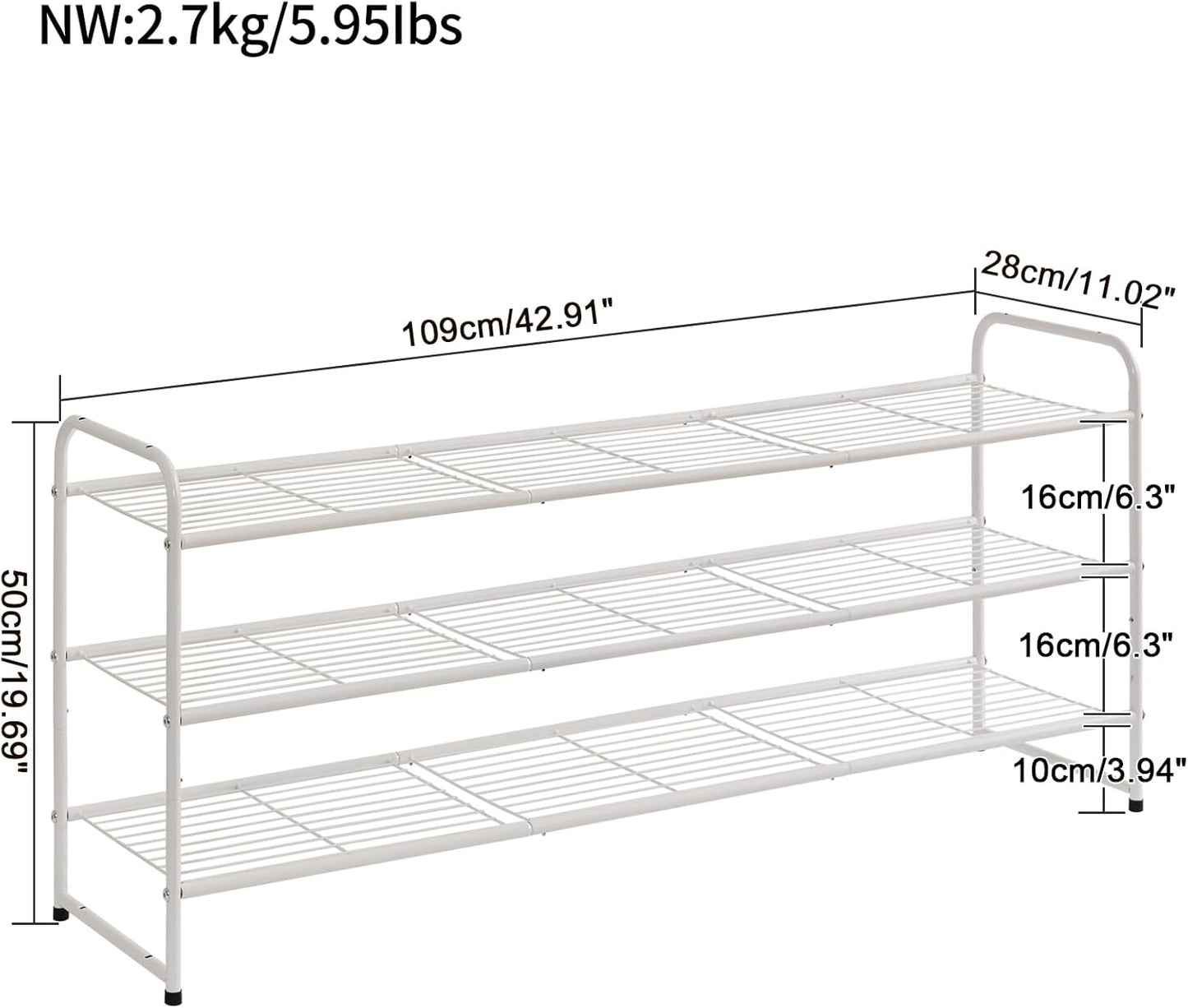 YMYNY Freestanding Shoe Racks, 3 Tiers Stackable & Adjustable Shoe Storage Shelf, Extra Large Capacity Shoe Organizer Stand for 20-24 Pairs, for Entryway, Closet, Bedroom, White, 42.9" L, UHXJ302W