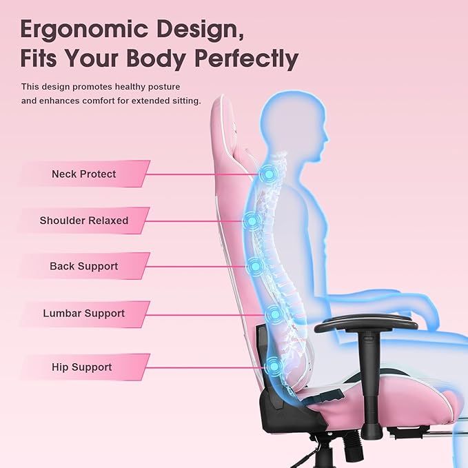 Douxlife 7-Point Massage Gaming Chair, 175° Gaming Recliner with Footrest Ergonomic Computer Office Chair High Back Video Game Chair with Lumbar Support, Upgraded Version Pink
