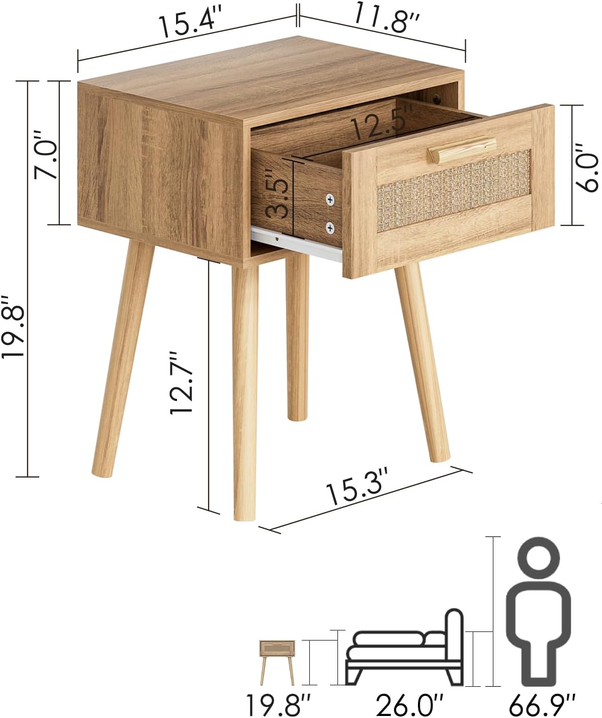 Rattan Nightstand, Small Night Stand, Side Table with Drawer Open Shelf, Cane Accent Bedside End Table with Wood Legs, Bohemian Wood Nightstand for Bedroom, Oak (Bohemian)