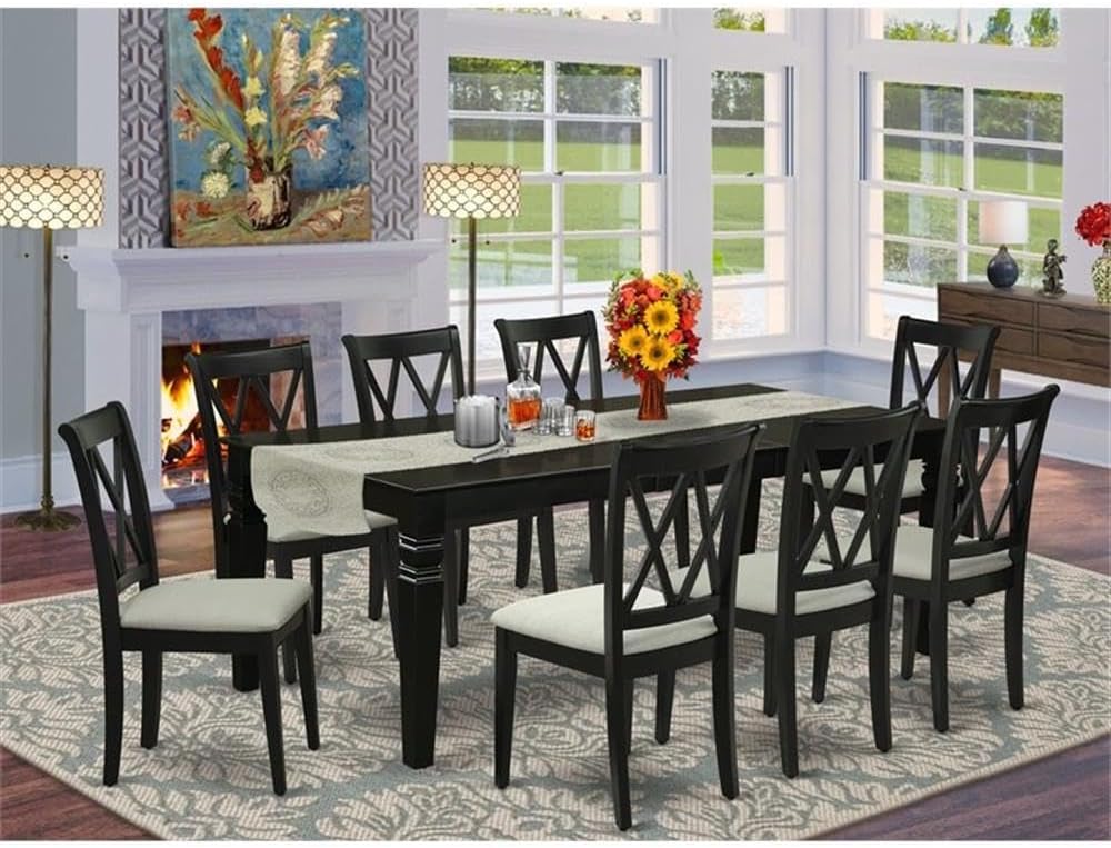 East West Furniture LGCL9-BLK-C 9 Piece Dining Room Table Set Includes a Rectangle Kitchen Table with Butterfly Leaf and 8 Linen Fabric Upholstered Dining Chairs, 42x84 Inch, Black