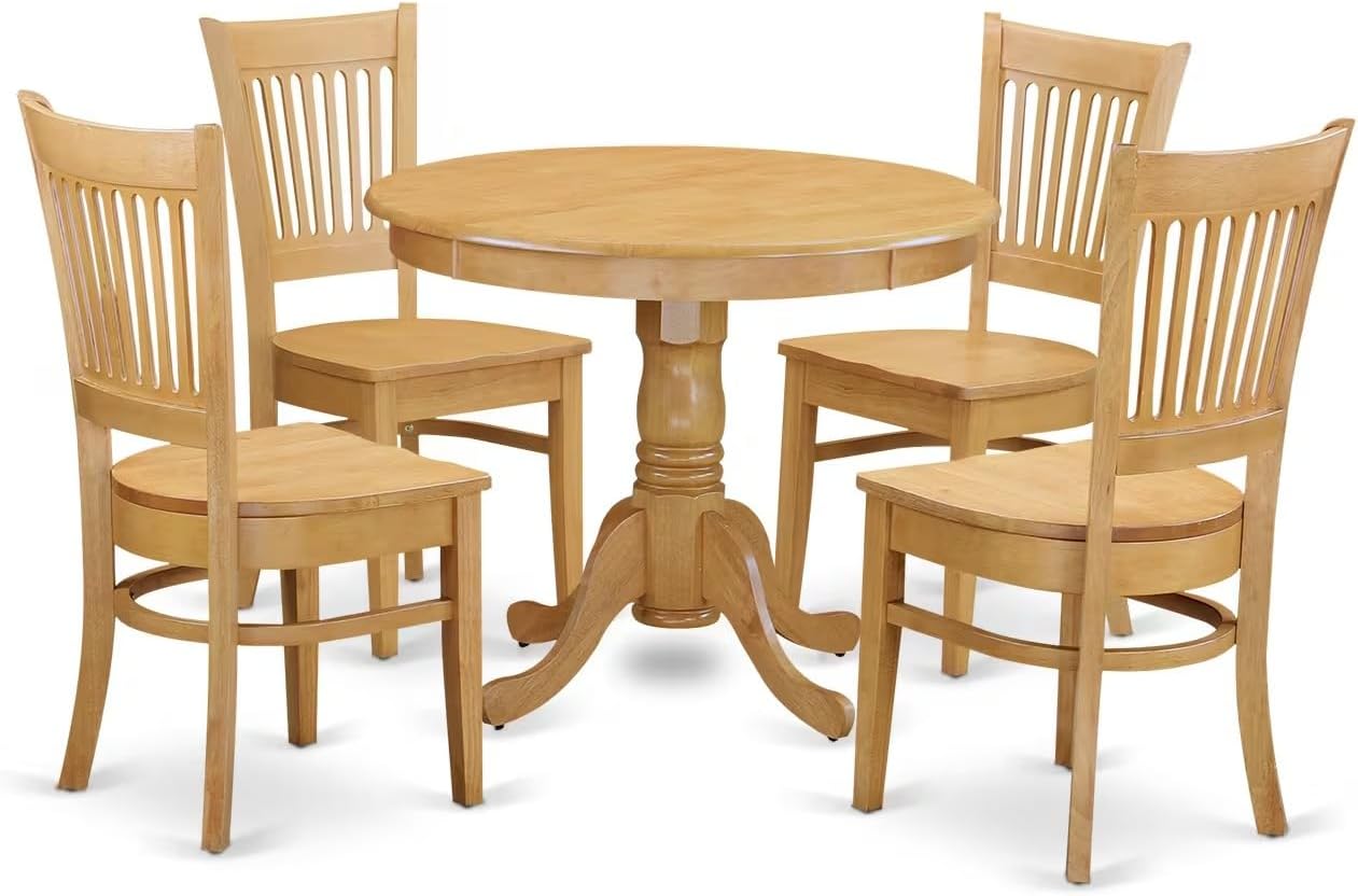 East West Furniture ANVA5-OAK-W 5 Piece Dining Set Includes a Round Dining Room Table with Pedestal and 4 Wood Seat Chairs, 36x36 Inch, Oak