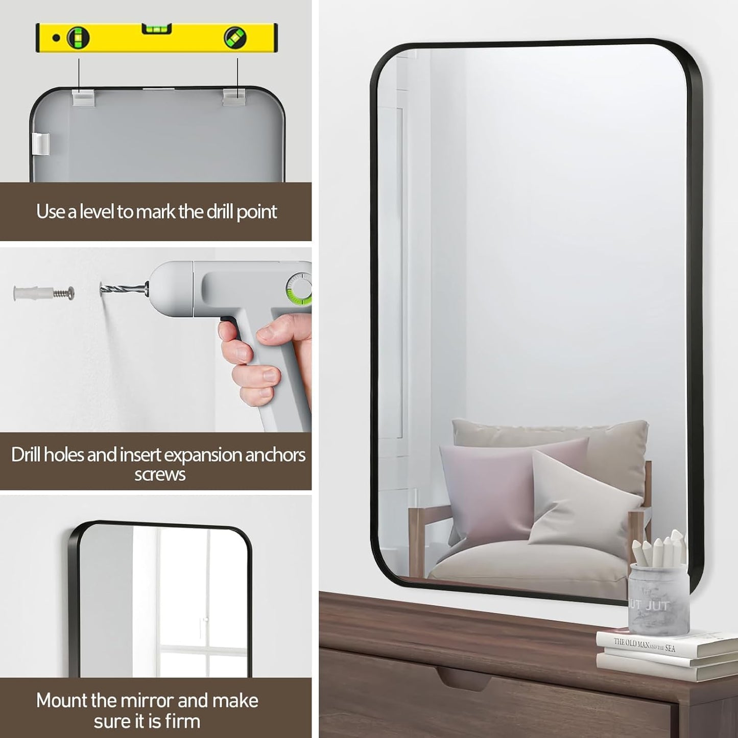 Black Bathroom Mirror, 40x30 Inch Matte Black Mirror, Aluminum Alloy Framed Vanity Mirror, Rounded Rectangle Bathroom Mirror for Over Sink, Anti-Rust Wall Mirror (Horizontally or Vertically)