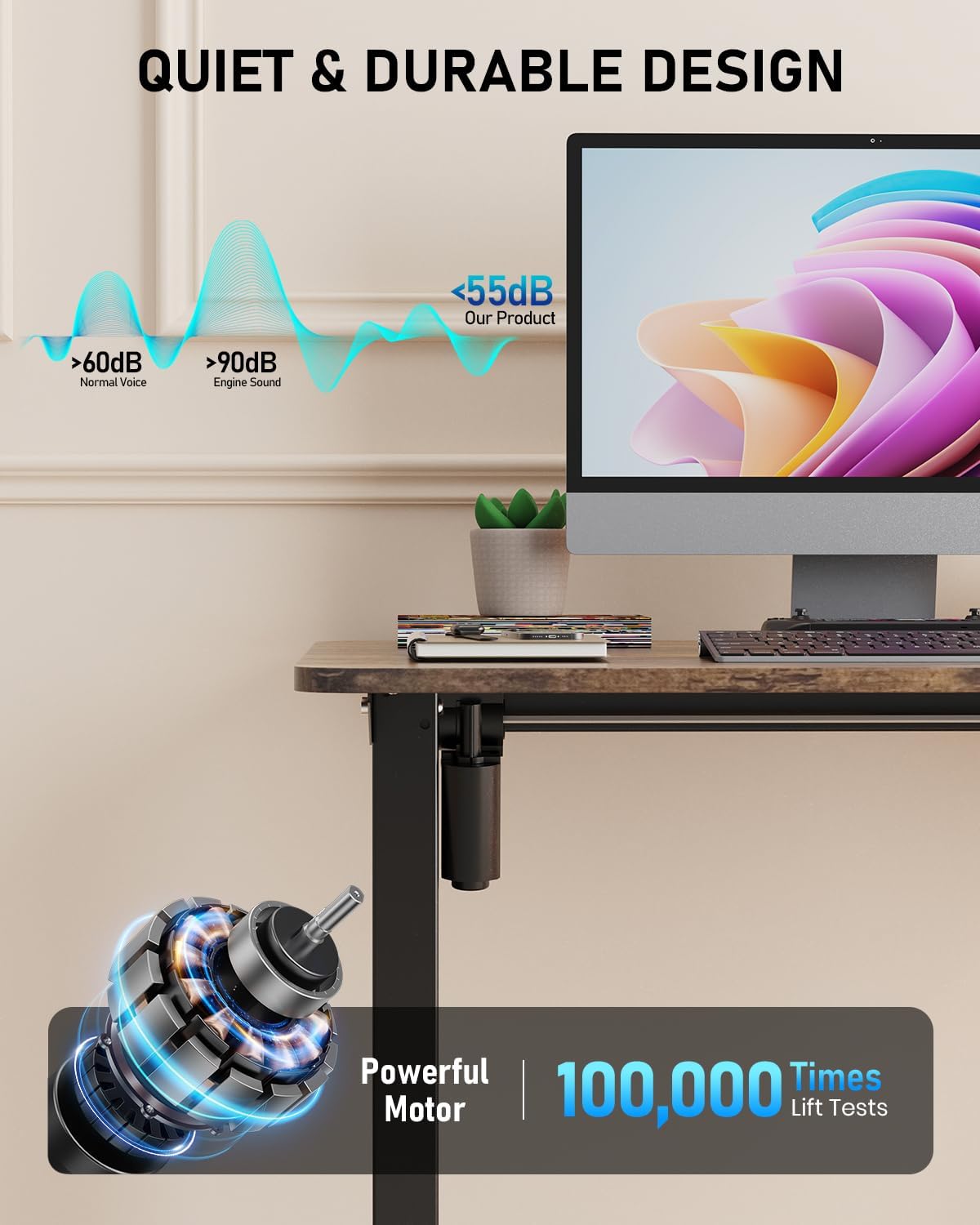 Standing Desk, Large Height Adjustable Electric Stand up Desk, 55 x 24 Inches Sit Stand Home Office Desk, with Splice Board, Black Frame/Rustic Brown Top