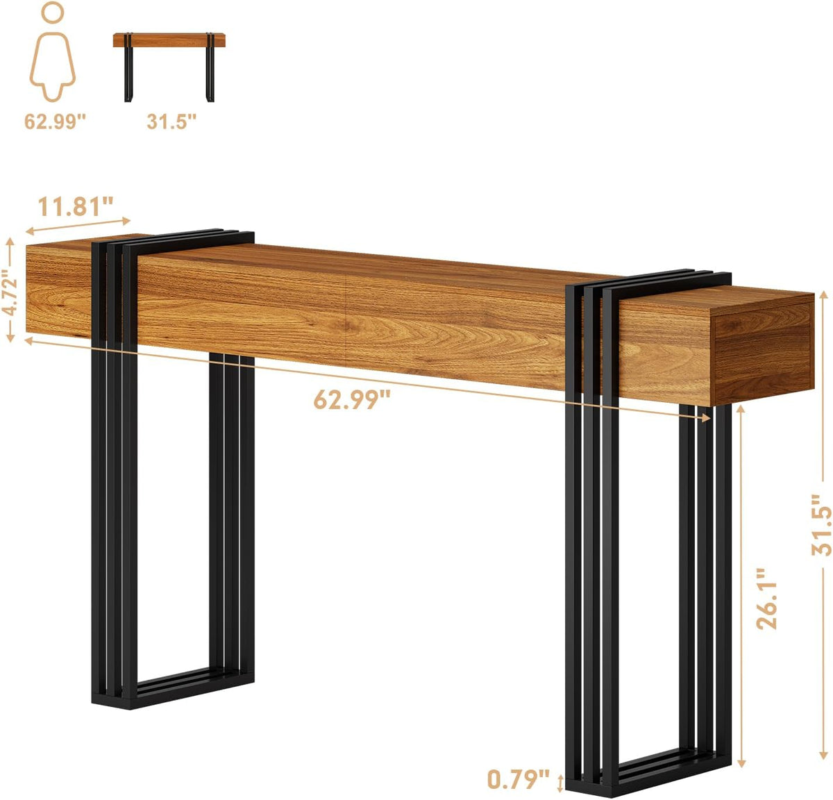 63 Inch Long Console Table, Industrial Sofa Table Behind The Couch Rectangular Entryway Table for Entrance Hallway Living Room, Brown