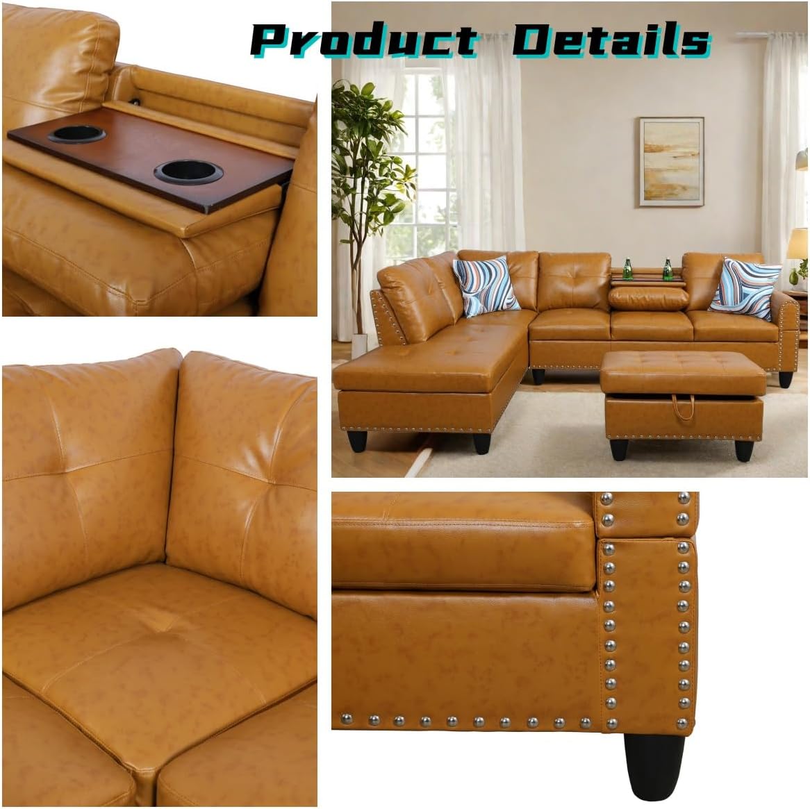 L Shaped Sectional Couch with Otttoman, 97" Leather Sectional Sofa for Living Room Modular Couches with Cup Holders for Bedroom, Apartments, Ginger