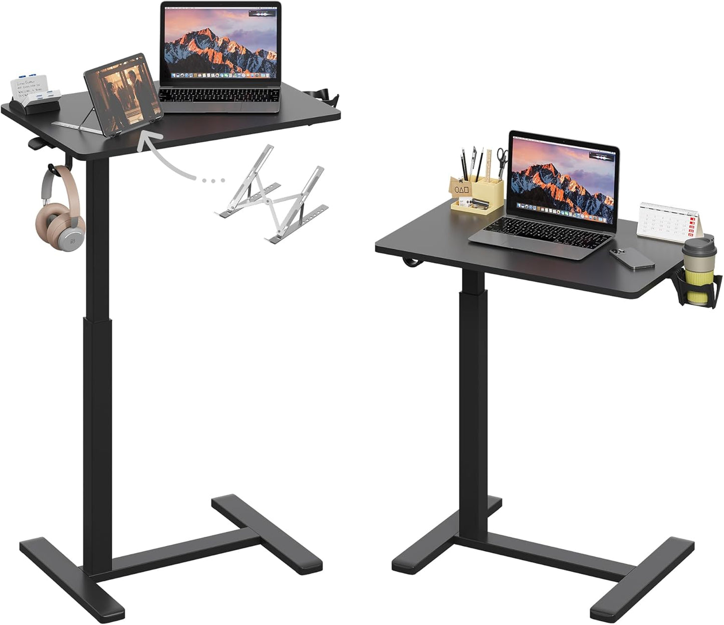 Gas Spring Adjustable Height Rolling Portable Laptop Desk, Mobile Standing Desk on Wheels, Small Sit Stand Desk with Laptop Stand/Cup Holder/Hook (Black, 26"x19")