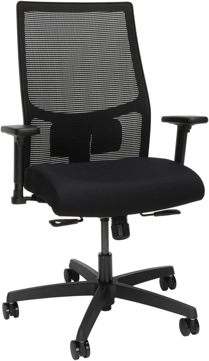 HON Ignition 2.0 Mid Back Task Chair, Standard Synchro-Tilt Control, Office Chair with Lumbar Support, Height and Width Adjustable Arms, Black Frame, Black