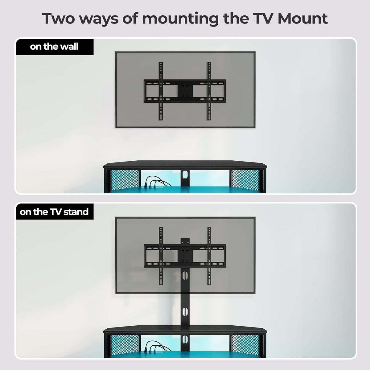 Rolanstar TV Stand with Mount and Power Outlet, Swivel TV Stand with LED Lights for 32/45/55/60/65/70 inch TVs, Black Entertainment Center Media Console with Height Adjustable Mount