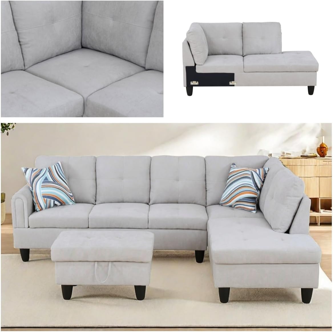 NAYSAYE Sectional Couch with Ottoman Storage, L Shaped Couch Sofa Furniture Sets, Modern Comfy Modular Comfy Sofa for Living Room Bedroom, Office and Apartment, Grey