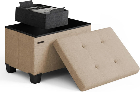 STORAGEBUD Storage Ottoman Cube with Small Bin, 16-in Square Ottoman with Storage for Living Room and Bedroom, Small Ottomans Foot Rest, Fabric Foot Stools Ottomans Max 330lbs, Taupe