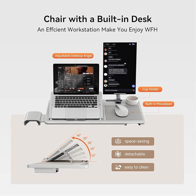 Newtral Ergonomic Office Chair-Home Office Desk Chair with Footrest, Auto-Following Backrest & Headrest, 4D Armrests, 96°-136° Recline (Gray, with Laptop Table)