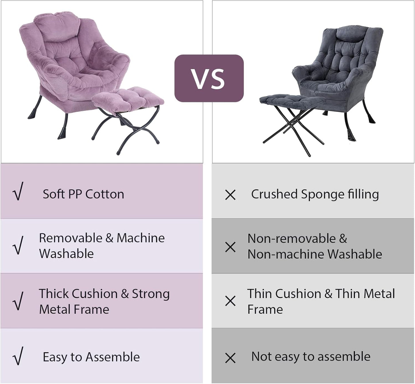 Oversized Chair with Ottoman, Modern Chair with Folding Footrest, Lounge Accent Chair, Comfortable Reading Chair for Bedroom, Study, Living Room, Courtyard (Plush Purple)