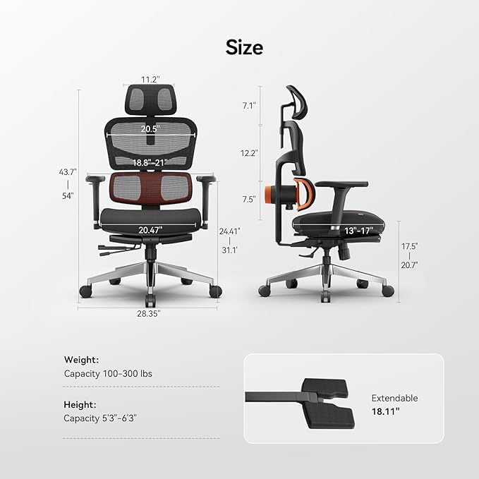 Newtral Office Chair Ergonomic - Home Office Desk Chair, Back Pain Chair with Auto-Following Lumbar Support, 4D Armrest, Seat Depth and Height Adjustable (Foot Rest, Black)