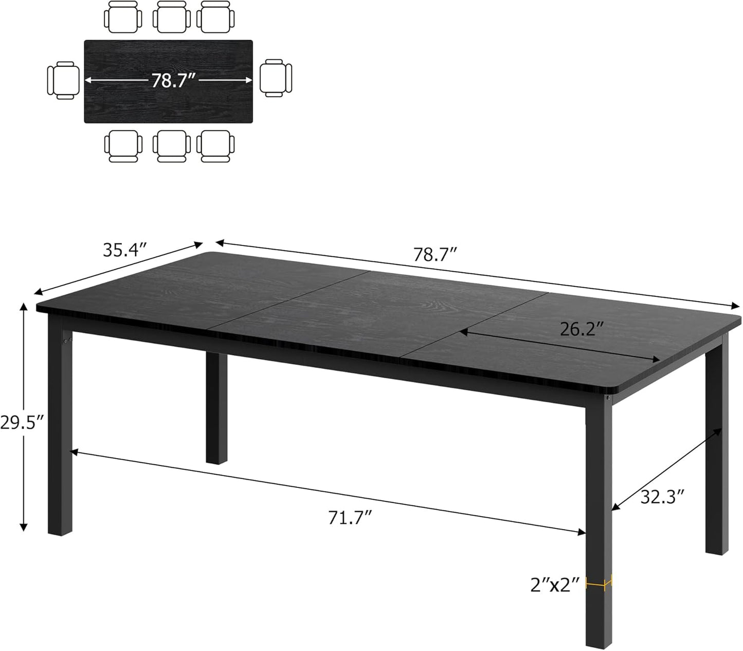 GarveeHome 78.7in Industrial Dining Table for 6, Wooden Long Dinner Table with Mortise Tenon Design, Kitchen Table with Sturdy Metal Legs, for Dining Room Home Office Living Room, Black