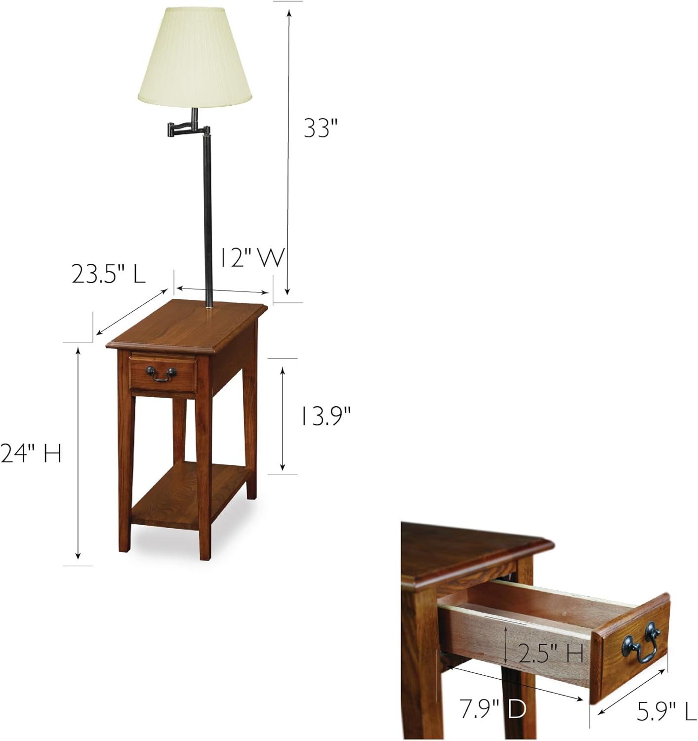 Haven Ridge Solid Wood Side Table with Built-In Swing Arm Lamp and Drawer, Medium Oak Brown, Perfect for Entryways, Living Rooms, and Small Spaces – Leick Home, 9037-MED