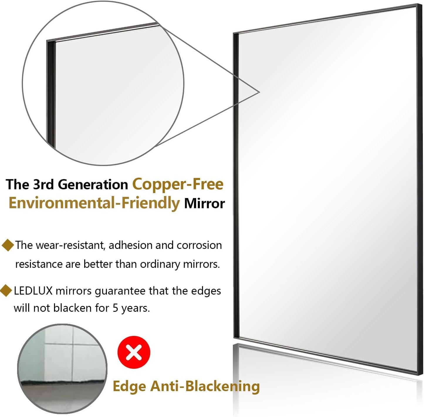 20x36 Inch Black Bathroom Mirror, Copper-Free Mirror, Aluminum Alloy Frame Vanity Mirror, Rectangle Wall Mounted Mirror, Modern Mirror for Bedroom/Living Room/Porch Horizontal or Vertical