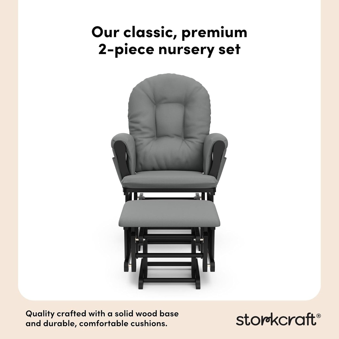 Storkcraft Premium Hoop Glider & Ottoman (Black with Gray) — GREENGUARD Gold Certified, Solid Wood Craftsmanship, Convenient Storage Pockets, Smooth-Gliding Chair for Nursery, Multi-Award-Winning