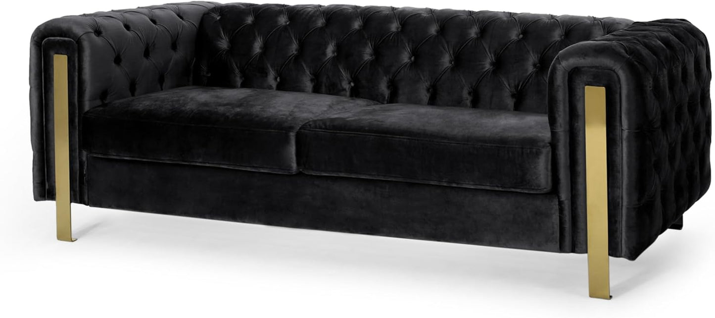 Merax Comfy 3-seat Sofa with Tufted Back and Arm and Gold Iron Legs, Modern Couch for Living Room, Bedroom, Apartment, Office, Black