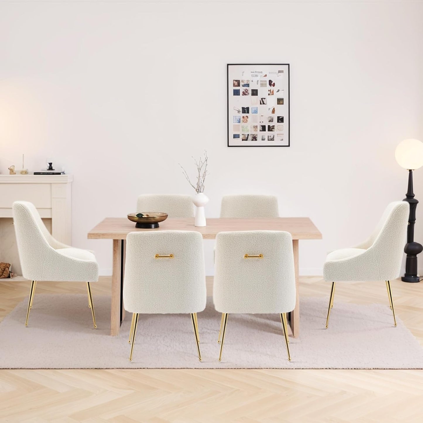 Modern Velvet Dining Chairs Set of 6, Contemporary Upholstered Furniture Collection with Polished Gold Metal Legs, Elegant Accent Chairs for Kitchen Living Room(Teddy Fleece,Beige)