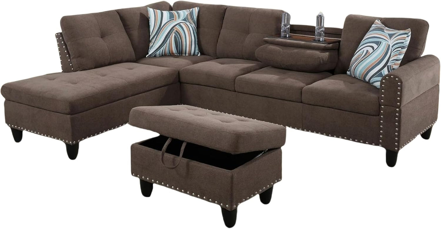 L Shaped Sectional Couch with Otttoman, 97" Sectional Sofa for Living Room Flannel Modular Couches with Cup Holders for Bedroom, Apartments, Brown