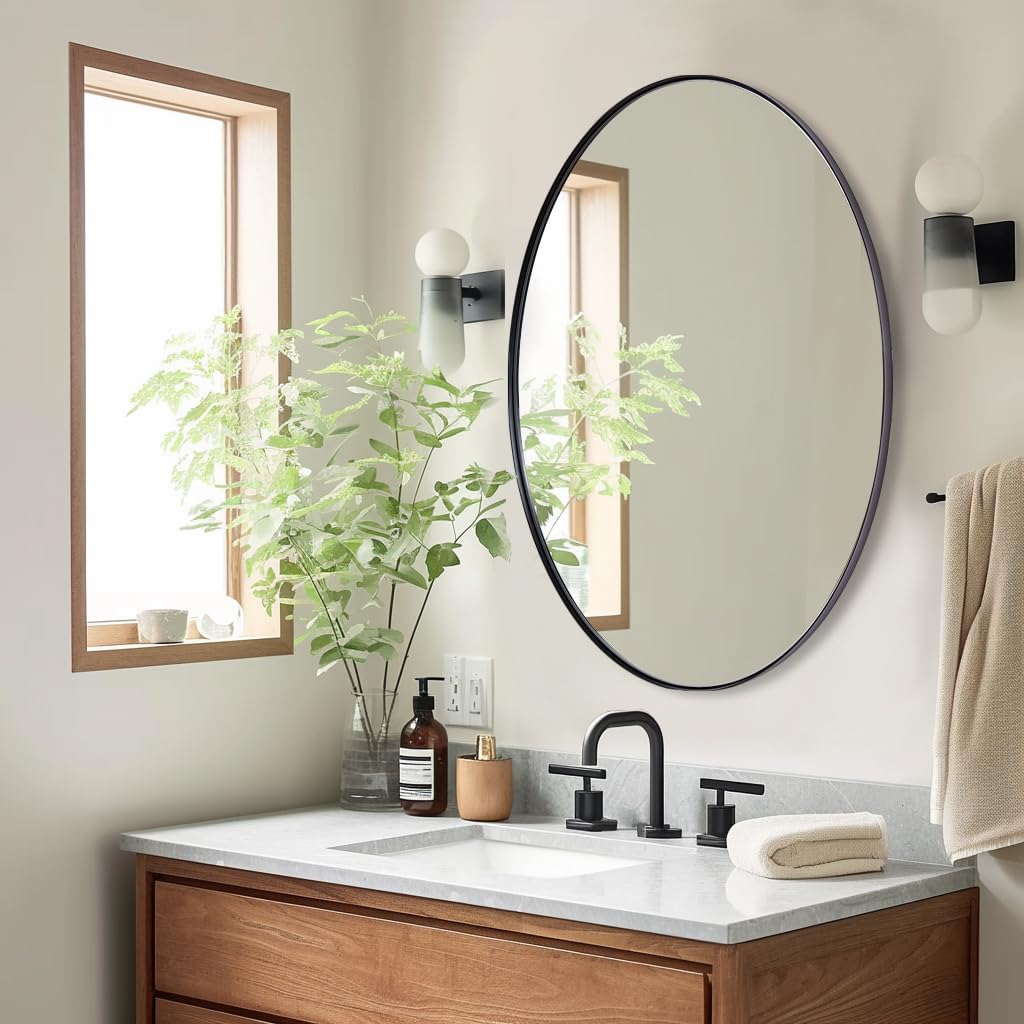 ANDY STAR Black Oval Mirrors for Bathroom, 24x36 Inch Matte Black Stainless Steel Metal Framed Oval Wall Mirror, Modern Vanity Mirror Wall Mount Horizontal or Vertical