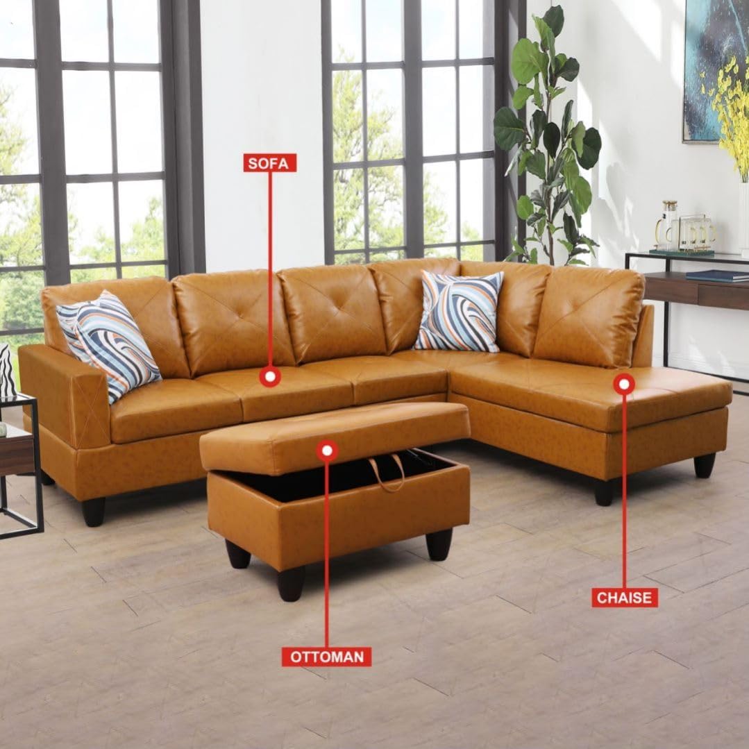 Ginger L-Shaped 3-Piece Faux Leather Sofa with Storage Ottoman Set, Sectional Couch Sofa Set for Living Room, Office, Small Space