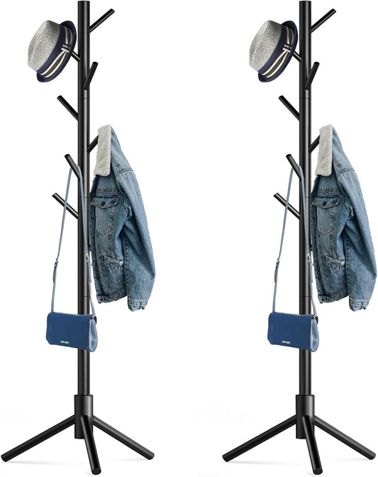 Wooden Tree Coat Rack Stand,Sturdy Freestanding Coat Rack with 8 Hooks,3 Adjustable Height for Child Adult,Wood Coat Stand Tree Fits Entryway Bedroom Office for Bags,Hats, 2 Pack