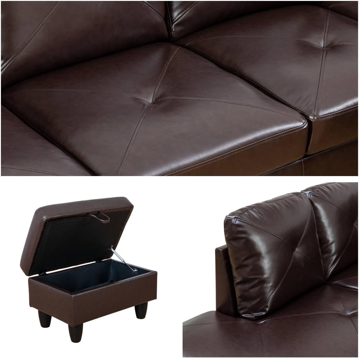 Modular Leather Sectional Couch, L Shaped Couch with Storage, Convertible Sofa with Ottomans, Modern Sectional Sofa for Living Room and Office, 5 Seat, Brown