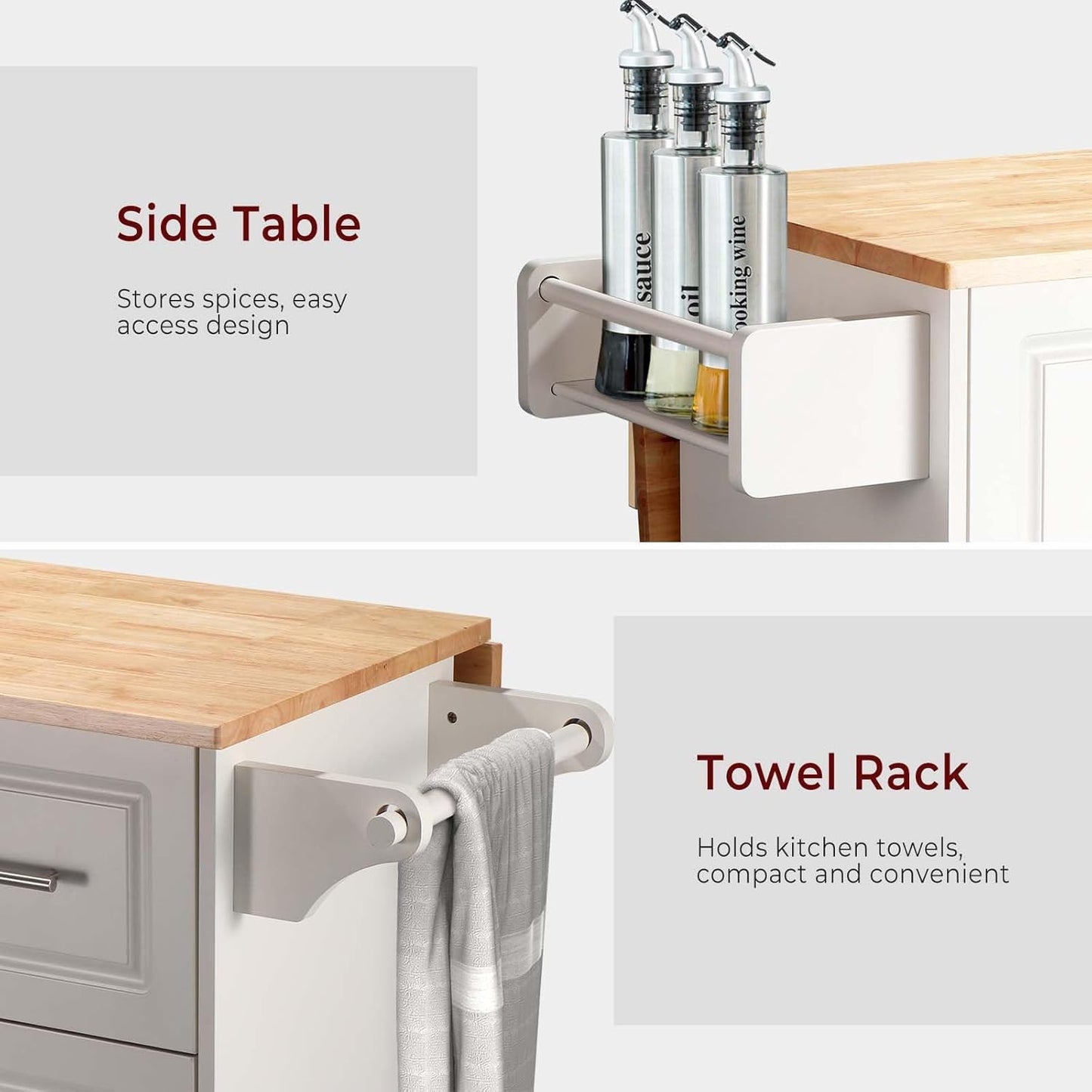 54" Rolling Kitchen Island Cart with Storage, Large Kitchen Cart Cabinet with Folding Drop Leaf Breakfast Bar, Wood Island Table with 3 Drawers and Spice Rack & Towel Rack, White