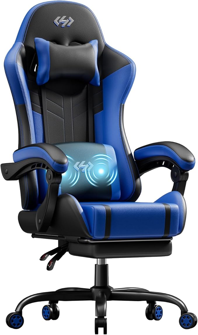 HLDIRECT Gaming Chair, Ergonomic Video Game Seat with 360° Swivel & Lumbar Massage, Computer Chair PU Leather Cushion for Adults Home/Office Use (Black & Blue)