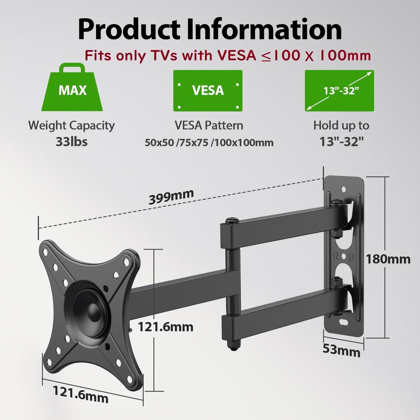 USX MOUNT Full Motion TV Wall Mount - Universal Single Stud Corner Bracket for 13-32 inch TVs, Monitor Wall Mount for LCD Monitor Swivel Tilt Rotation Articulating, VESA100x100mm, Up to 33LBS